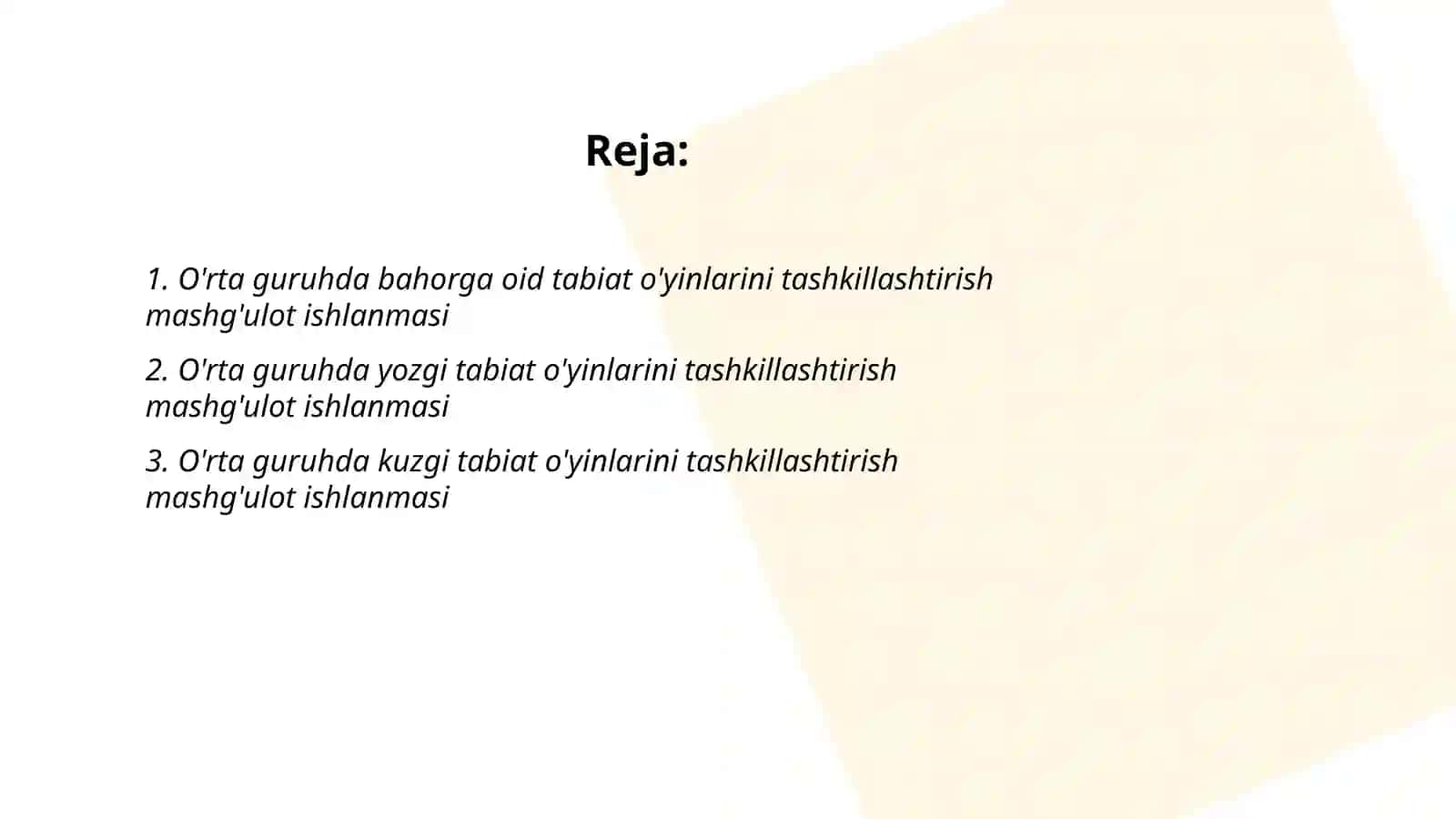 O'rta guruhda tabiatga oid o'yinlar tashlil etishning mashg'ulot ishlanmalarini tuzish 2
