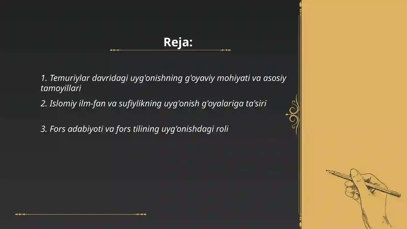 Temuriylar davridagi uyg'onishning g'oyaviy omilari va temuriyzodalarning talim tarbiyaga qushgan hissasi 2