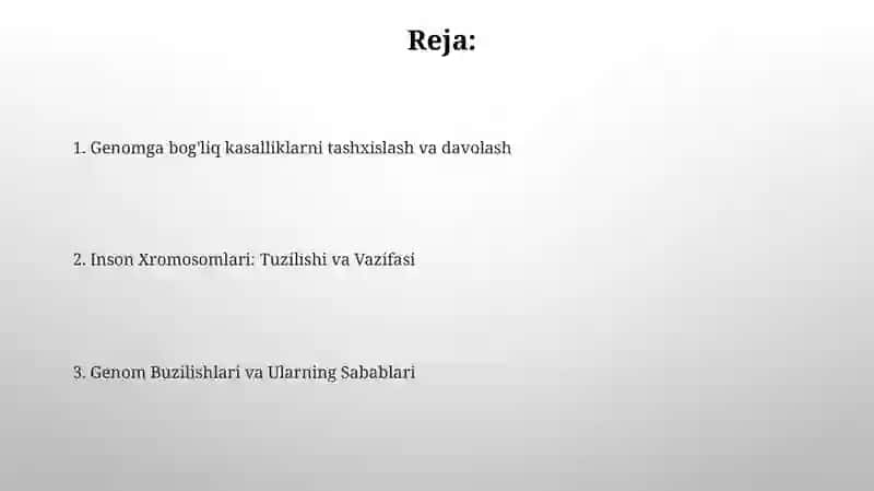 Genom kasalliklari genlardagi mutatsiyalardan kelib chiqadi, bu esa oqsil funksiyasiga ta'sir qiladi va turli xil sog'liq muammolarini keltirib chiqaradi 2