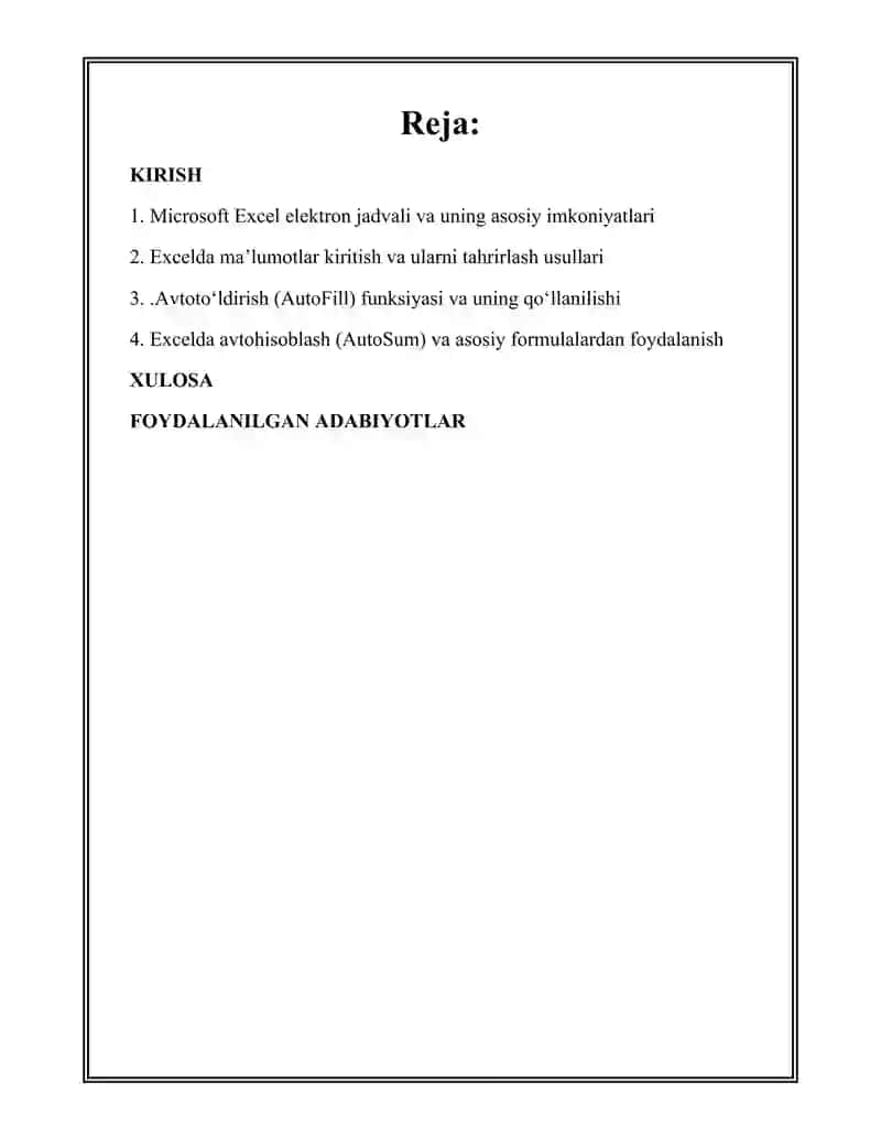 Excel elektron jadvali bilan ishlashi.Ma'lumotlar kiritish va tahrirlash.Excel dasturida avtotoʻlditish va avtohisoblash 2