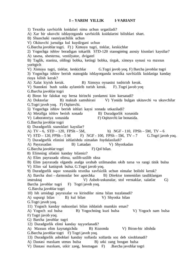 Mexnat ta'limi test savollari 2