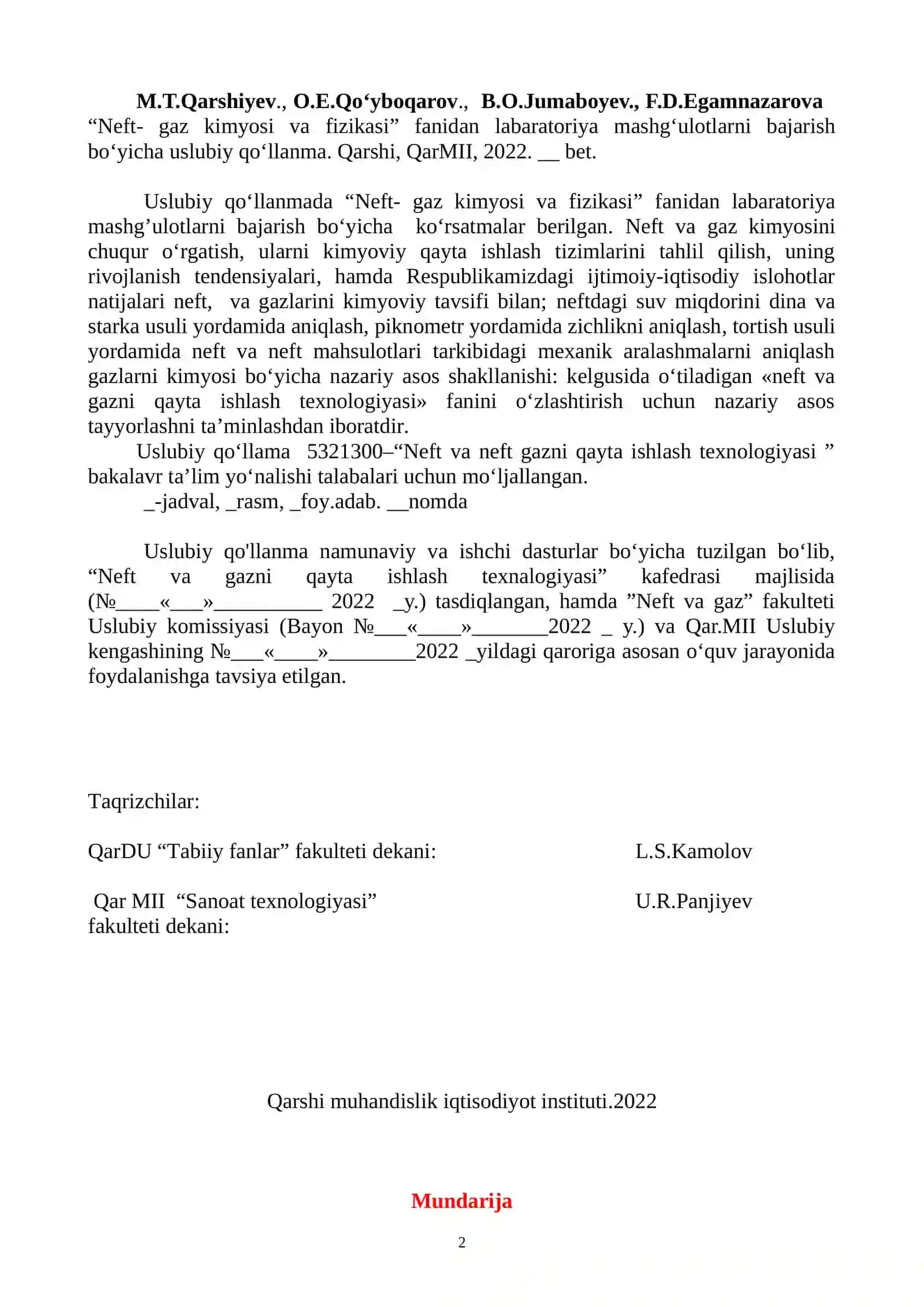 Neft- gaz kimyosi va fizikasi fanidan labaratoriya mashg‘ulotlarini bajarish bo‘yicha uslubiy qo‘llanma 2
