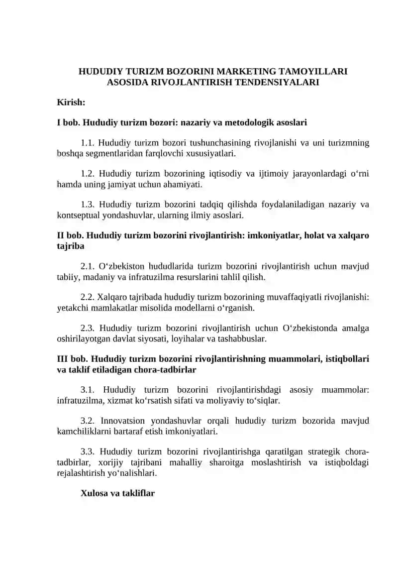 HUDUDIY TURIZM BOZORINI MARKETING TAMOYILLARI ASOSIDA RIVOJLANTIRISH TENDENSIYALARI 2