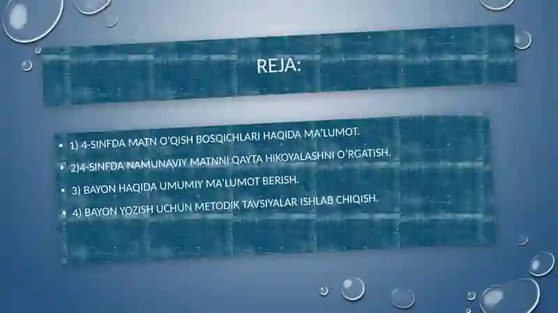4-SINFDA NAMUNAVIY MATNNI QAYTA HIKOYALASH VA BAYON YOZISH UCHUN METODIK TAVSIYALAR ISHLAB CHIQISH 2
