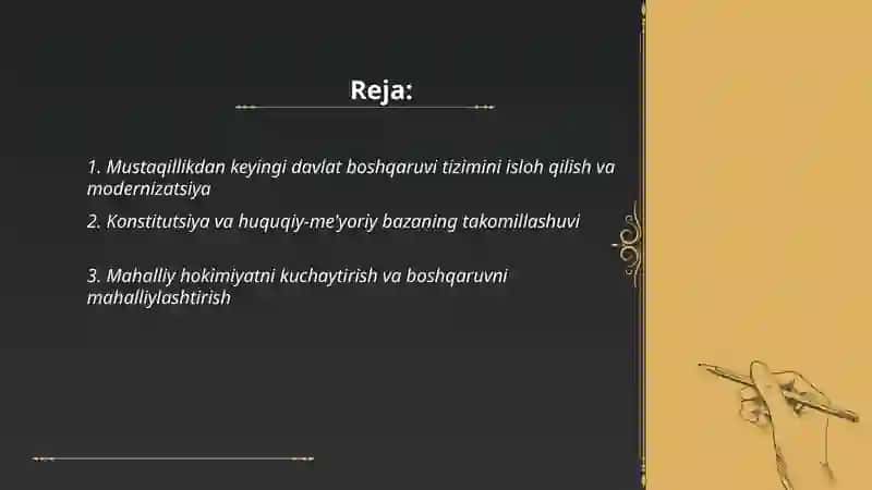 O'zbekistonda mustaqillik yillarida davlat boshqaruvi va ijtimoiy sohada amalga oshirilayotgan o'zgarishlar 2