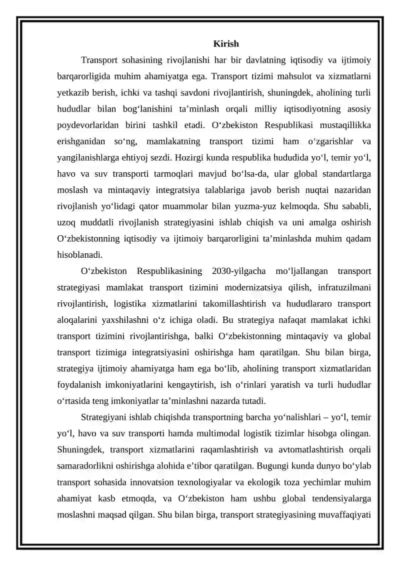 O‘zbekiston Respublikasining 2030-yilgacha bo‘lgan davrga mo‘ljallangan transport strategiyasi 2