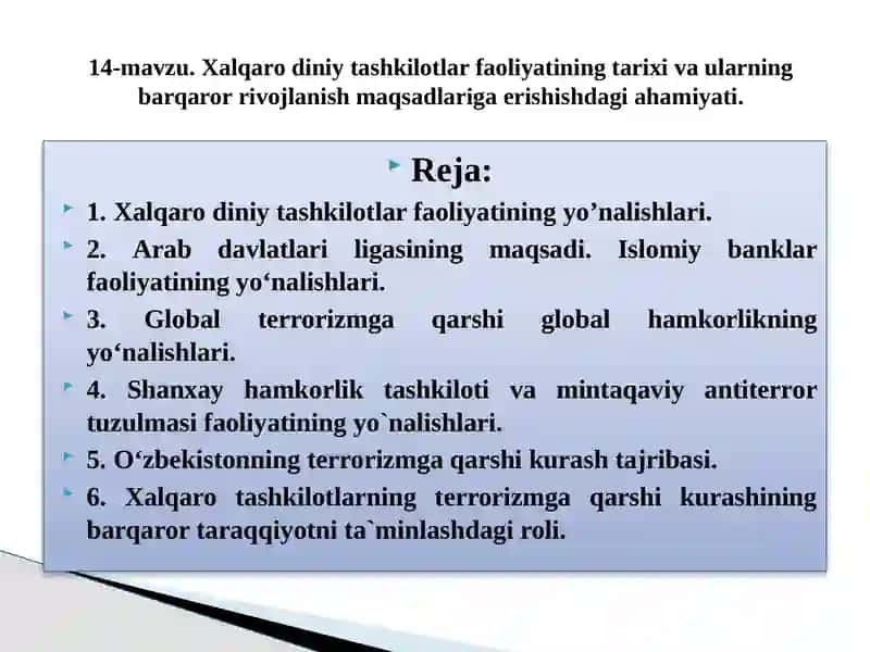 Xalqaro diniy tashkilotlar faoliyatining tarixi va ularning barqaror rivojlanish maqsadlari 2
