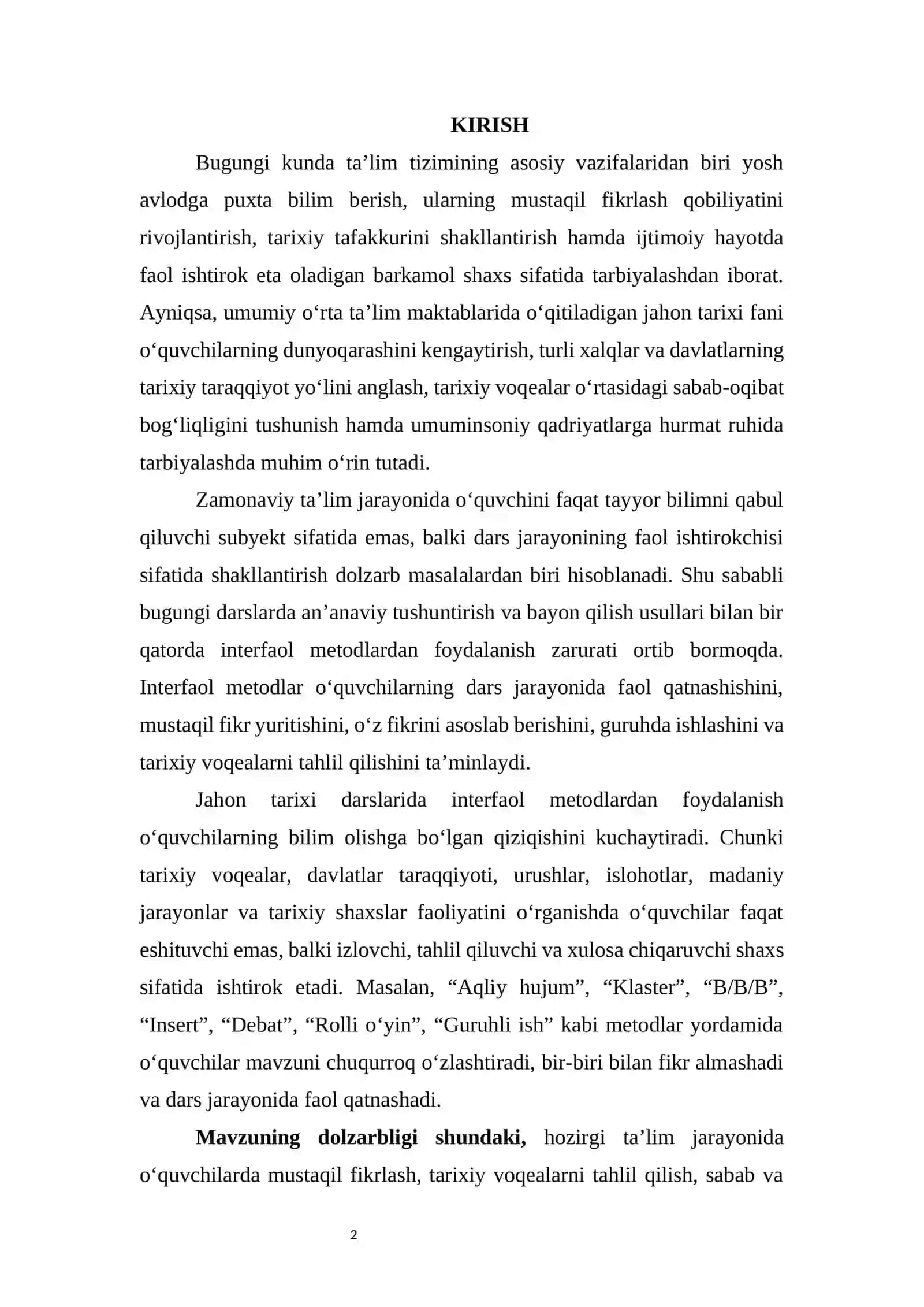 Jahon tarixi darslarida interfoal metodlar yordamida o'quvchilar foalligini oshirish 2