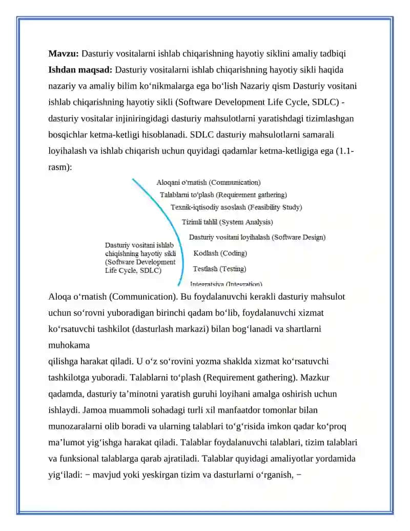 Dasturiy vositalarni ishlab chiqarishning hayotiy siklini amaliy tadbiqi 2