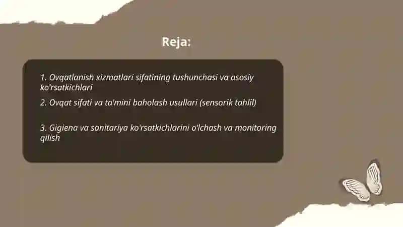 Ovqatlanish xizmatlari sifatini ifodalovchi ko'rsatkichlar va sifatini baholash usullari 2