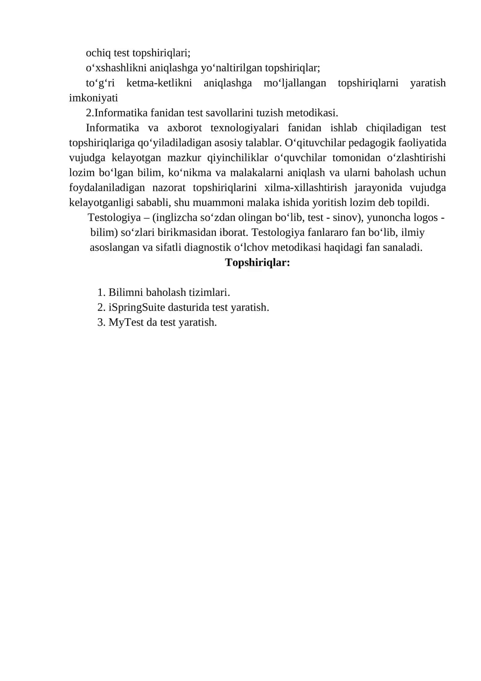 5-Amaliy mashg`ulot. Bilimni baholash tizimlari bilan ishlash. Mytest dasturi 2