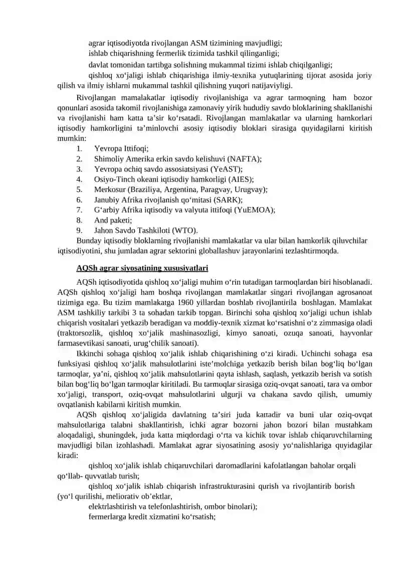 Rivojlangan va rivojlanayotgan hamda MDH davlatlarining agrar siyosati 2