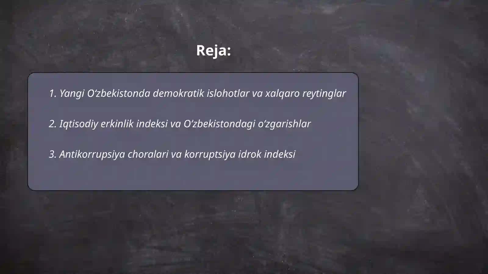 Yangi Oʻzbekistonda ijtimoi-siyosiy, iqtisodiy va madaniy hayotida roʻy berayotgan oʻzgarishlarning xalqaro reyting va indekslarda aks etishi 2