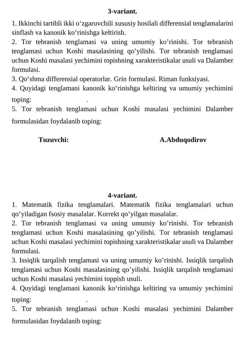 Ikkinchi tartibli ikki o‘zgaruvchili xususiy hosilali differensial tenglamalar 2