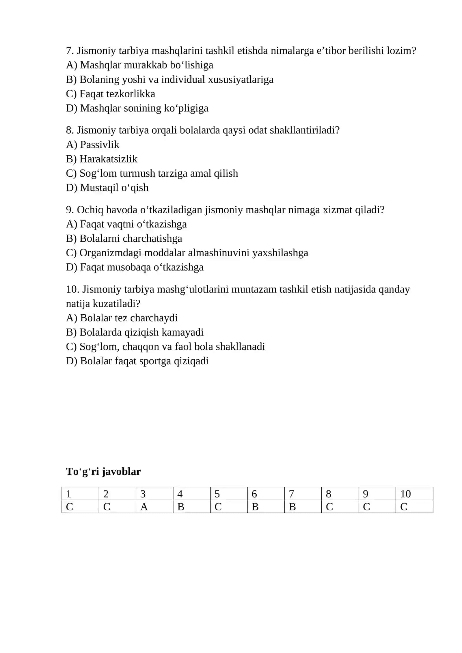 Bolalarni kundalik hayotida jismoniy tarbiya bo`yicha ishni tashkil etish Topshiriq: test tuzish 2