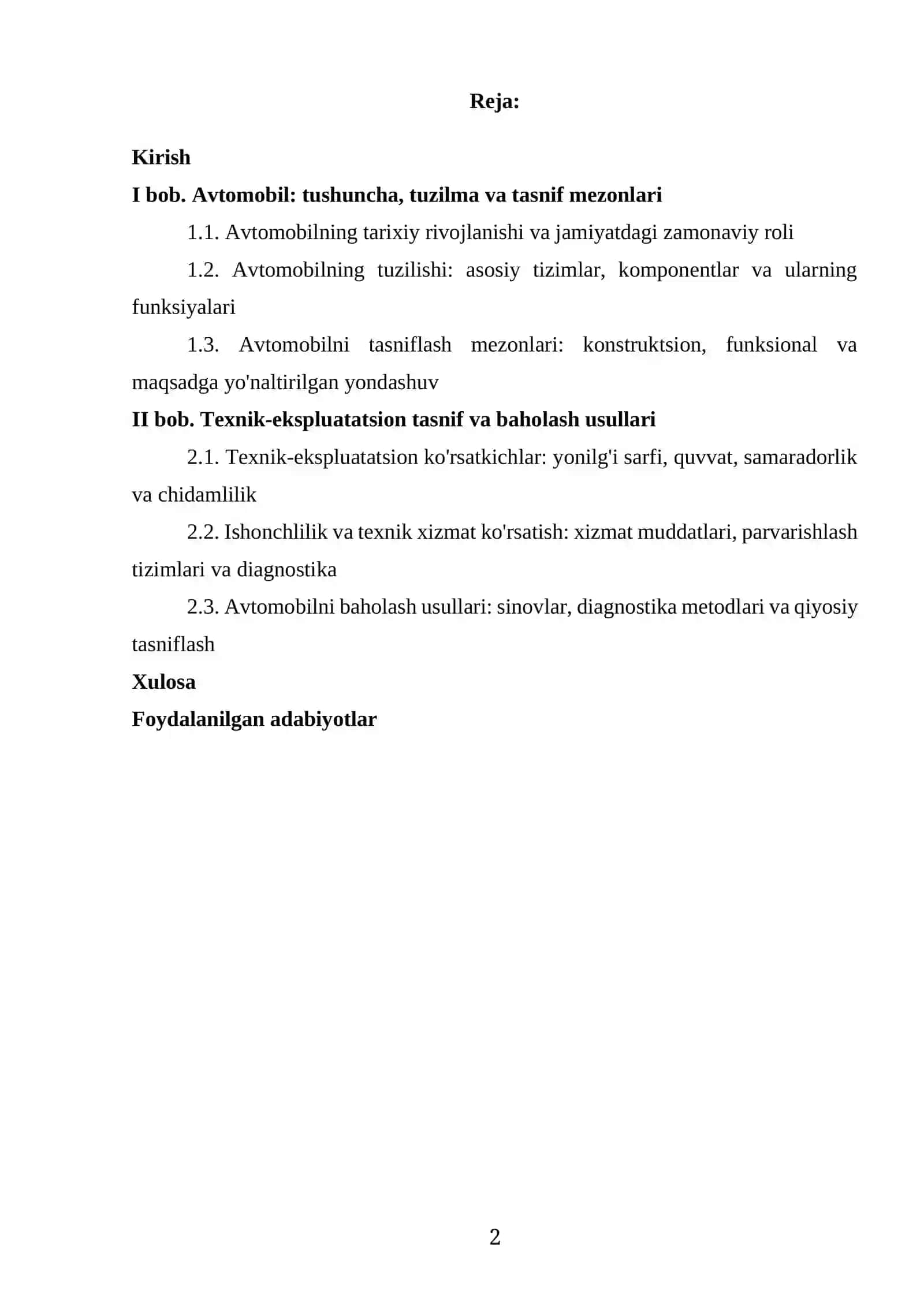 AVTOMABILNI QISQA TEXNIK-EKSPLUATATSION TASNIFI KURS ISHI 2