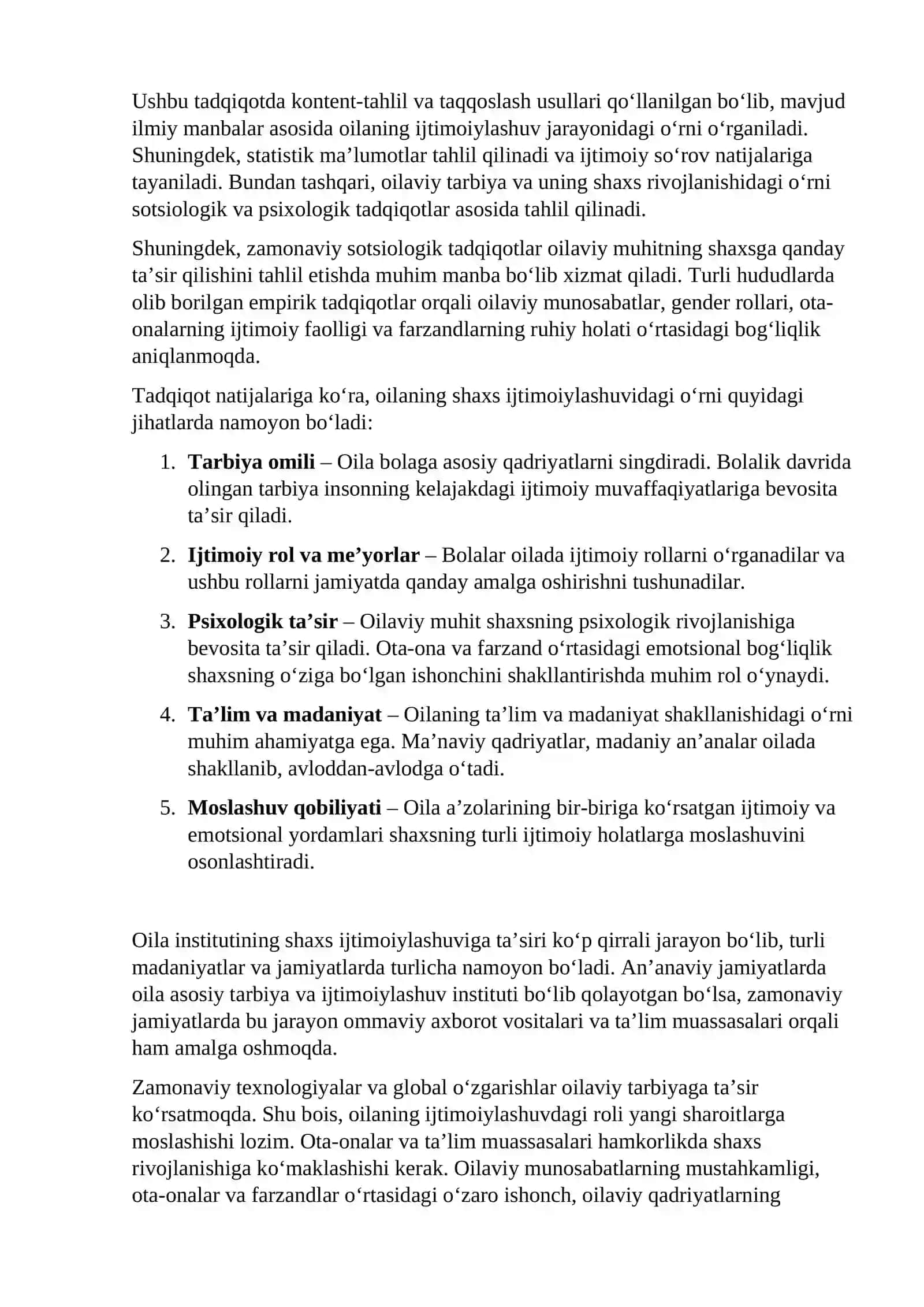 Oila institutining shaxs ijtimoiylashuvidagi o'rni. 2