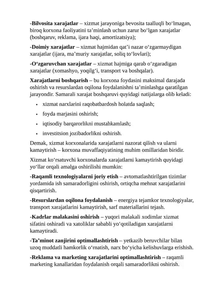 Xizmatlar sohasi korxonalarida xarajatlar va ularni pasaytirish yo’llari 2