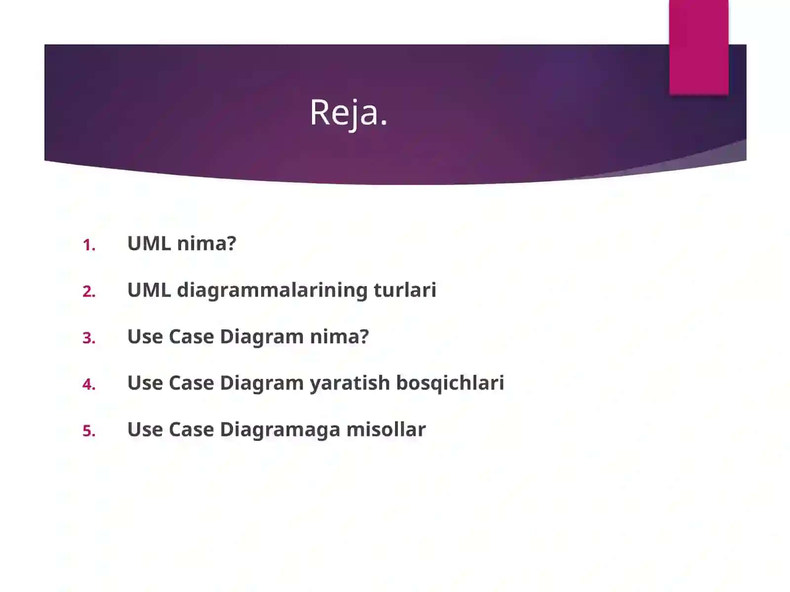 UML modellashtirish tili. Case diagrammalaridan foydalanish 2