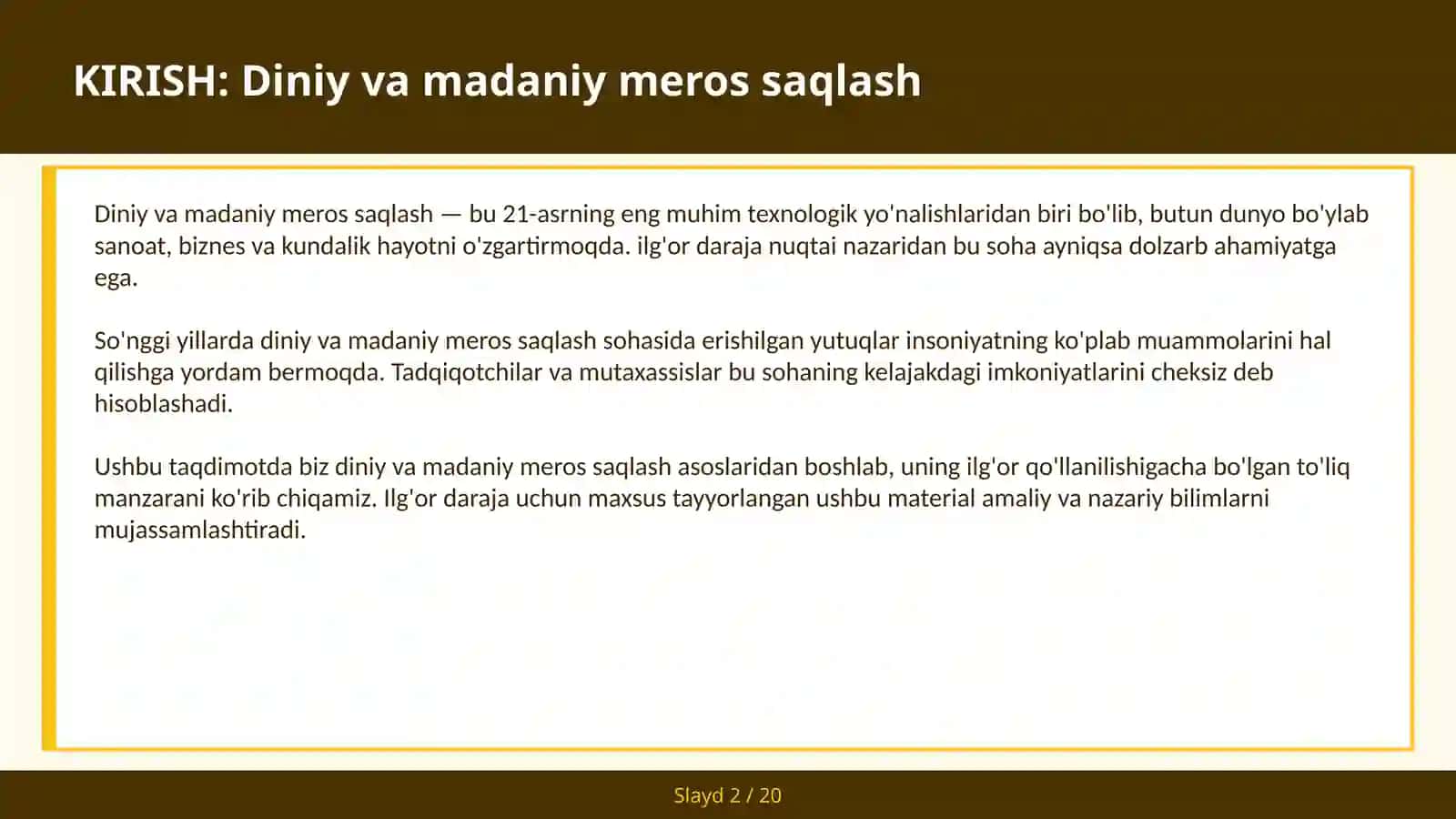 Diniy va Madaniy Meros Saqlash 2