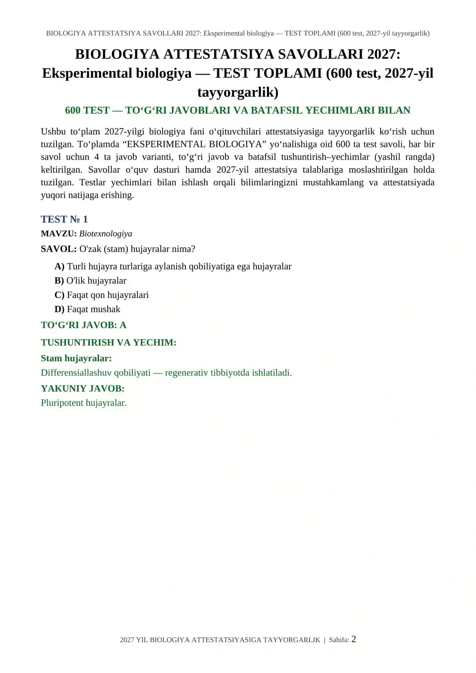 BIOLOGIYA ATTESTATSIYA SAVOLLARI 2027: Eksperimental biologiya 2