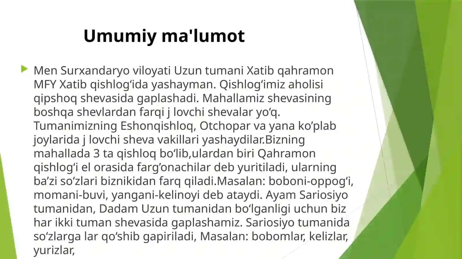 Surxondaryo viloyati Uzun tumani Xatib qahramon mahallasi shevasi tasnifi 2