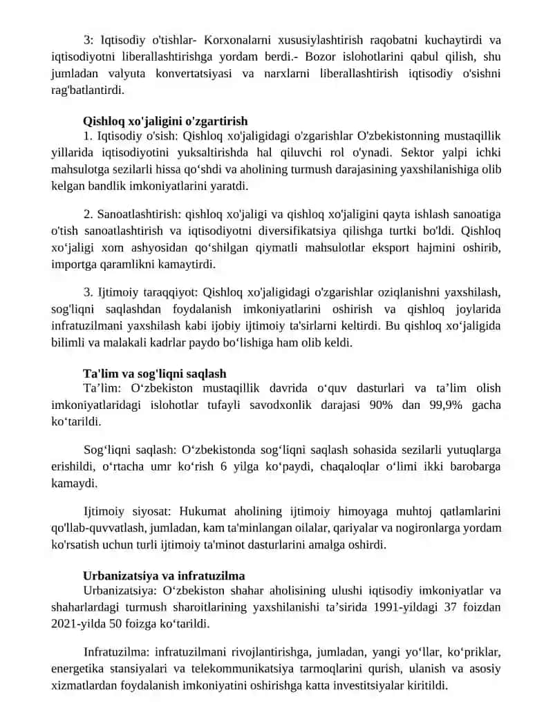 Mustaqillik Yillarida OʻZbekistondagi Ijtimoiy-Iqtisodiy OʻZgarishlar 2