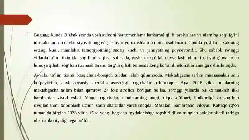MavzuDavlatimizning yosh avlodni tarbiyalash va sog‘lig‘ini himoya qilish yo‘lida olib borilayotgan ishlari 2