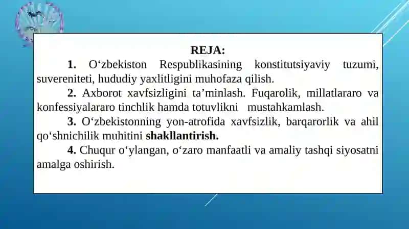 MA’RUZA MAVZUSI:XAVFSIZLIK, MILLATLARARO TOTUVLIK VA DINIY BAG‘RIKENGLIKNI TA’MINLASH TERMIZ – 2020 YIL 2