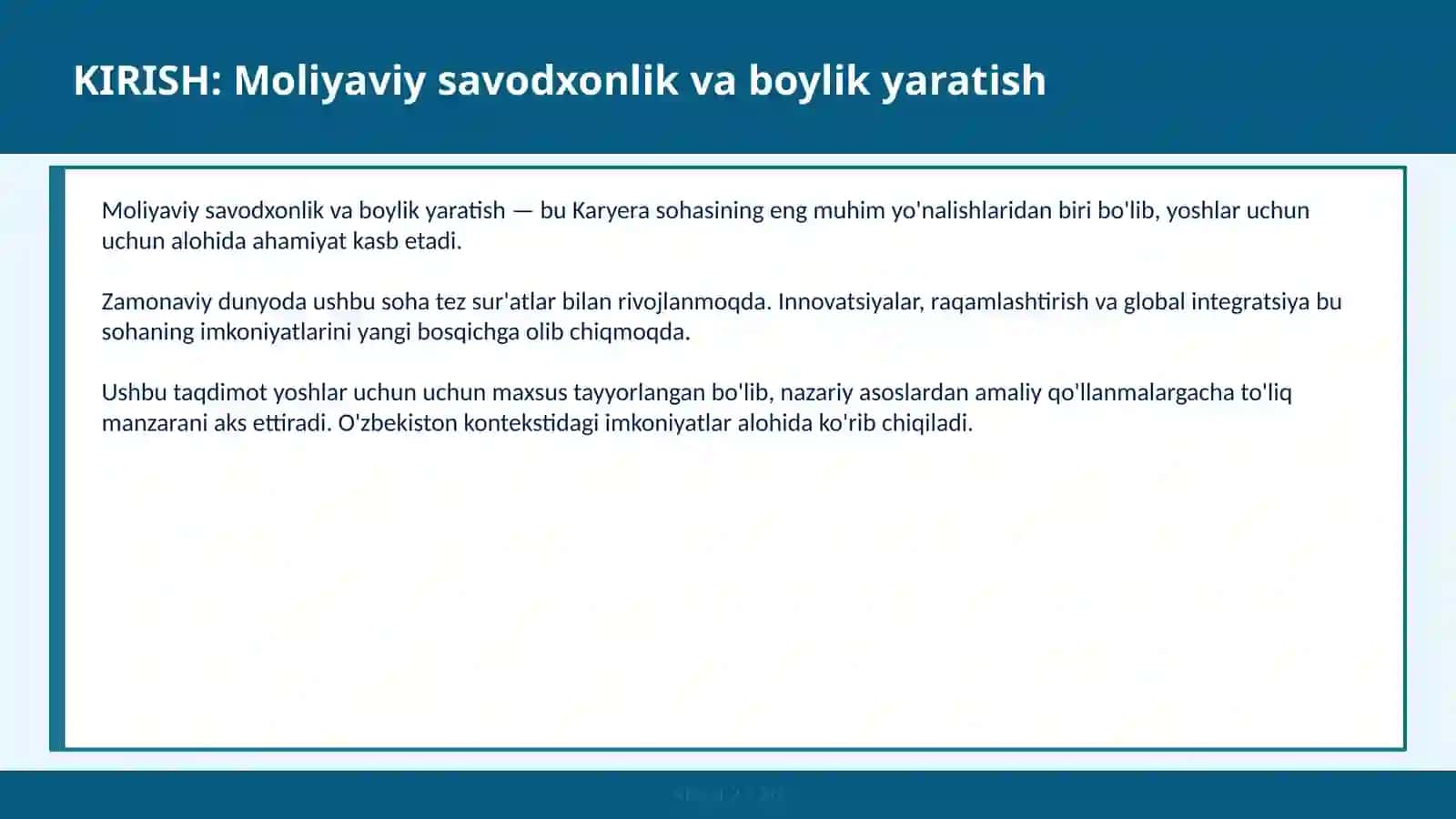 MOLIYAVIY SAVODXONLIK VA BOYLIK YARATISH 2