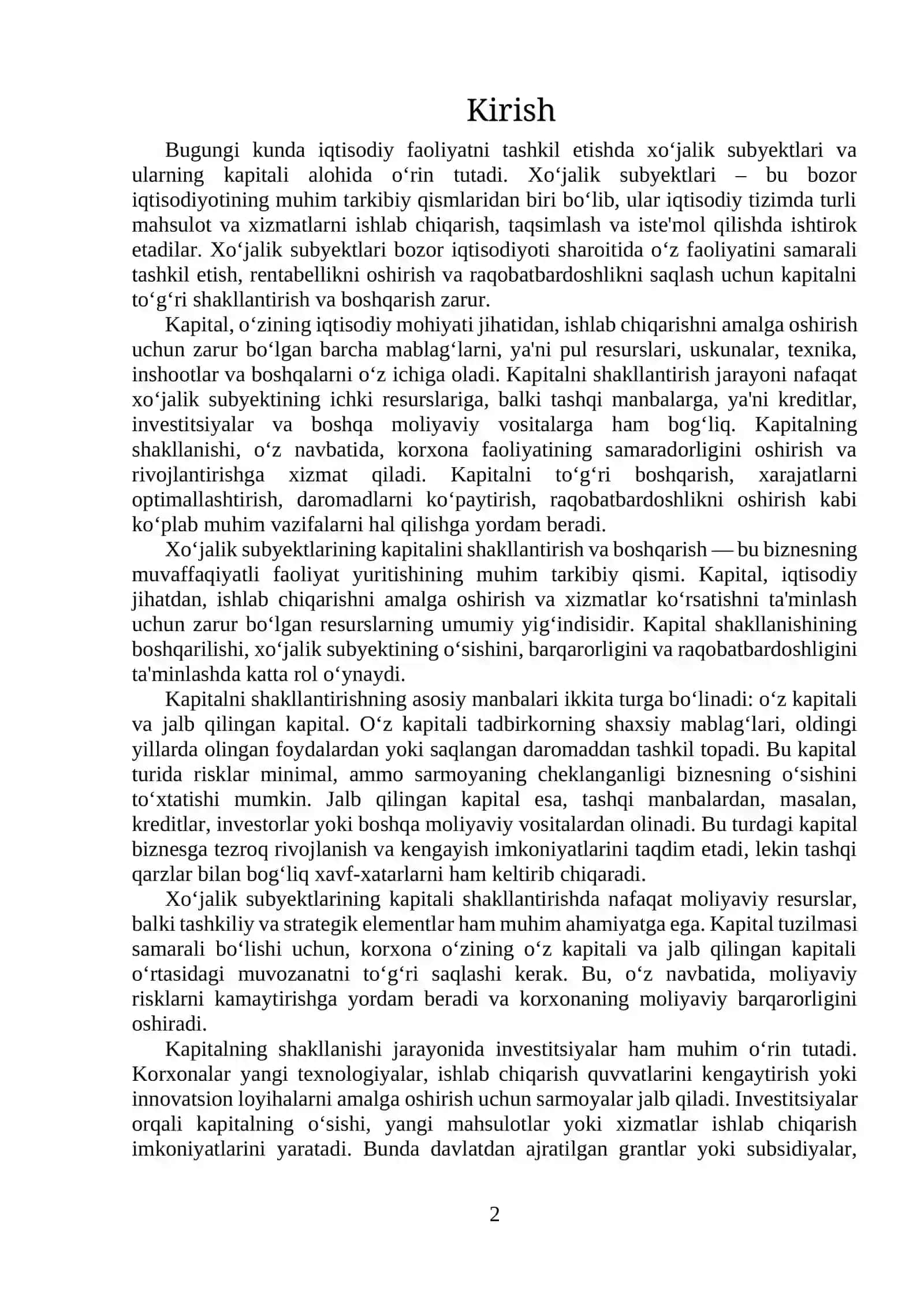 XUSUSIY BIZNES, KOOPERATSIYA VA YAKKA TARTIBDAGI TADBIRKORLIK YURITISHDA KAPITALNI SHAKLLANTIRISH 2