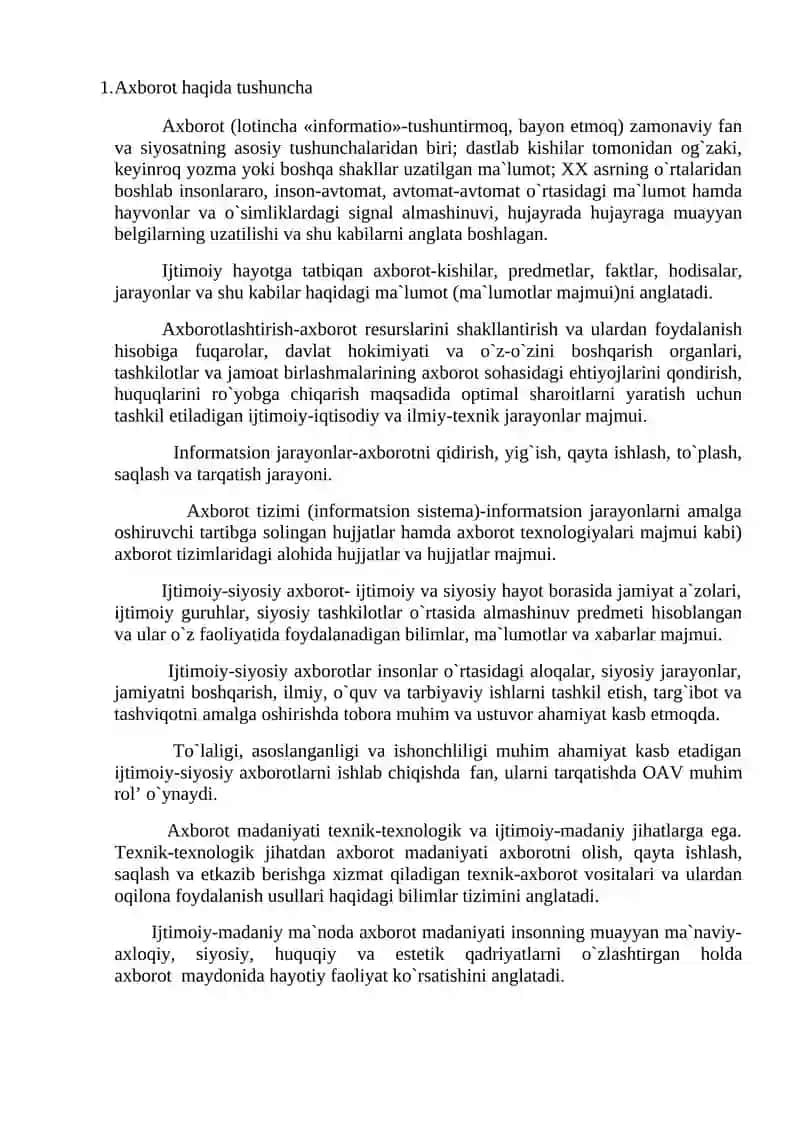 AXBOROT VA UNING TURLARI. TURLI SOHALARDA QO’LLANILISHI 2