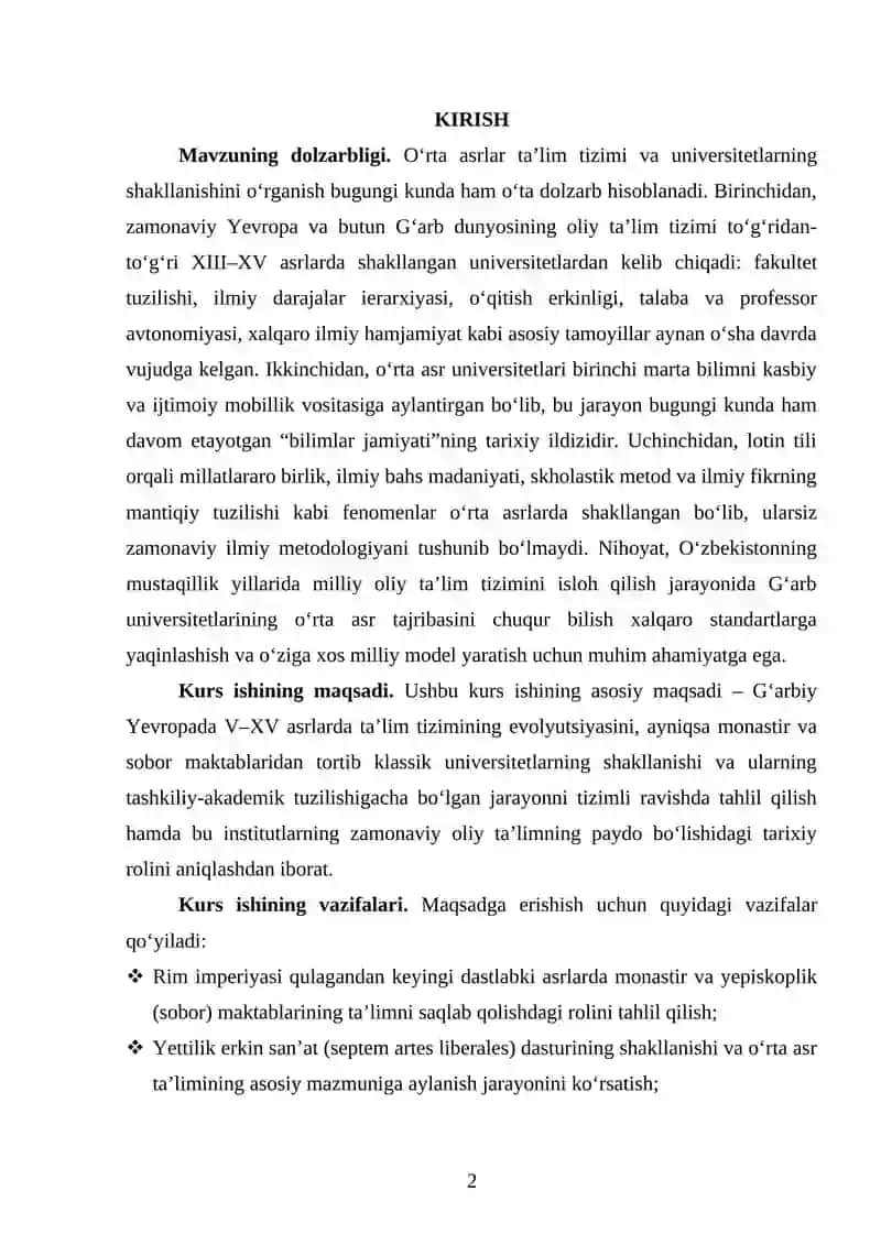 O’RTA ASRLARDA TA’LIM TIZIMI VA UNIVERSITETLARNING SHAKLLANISHI 2