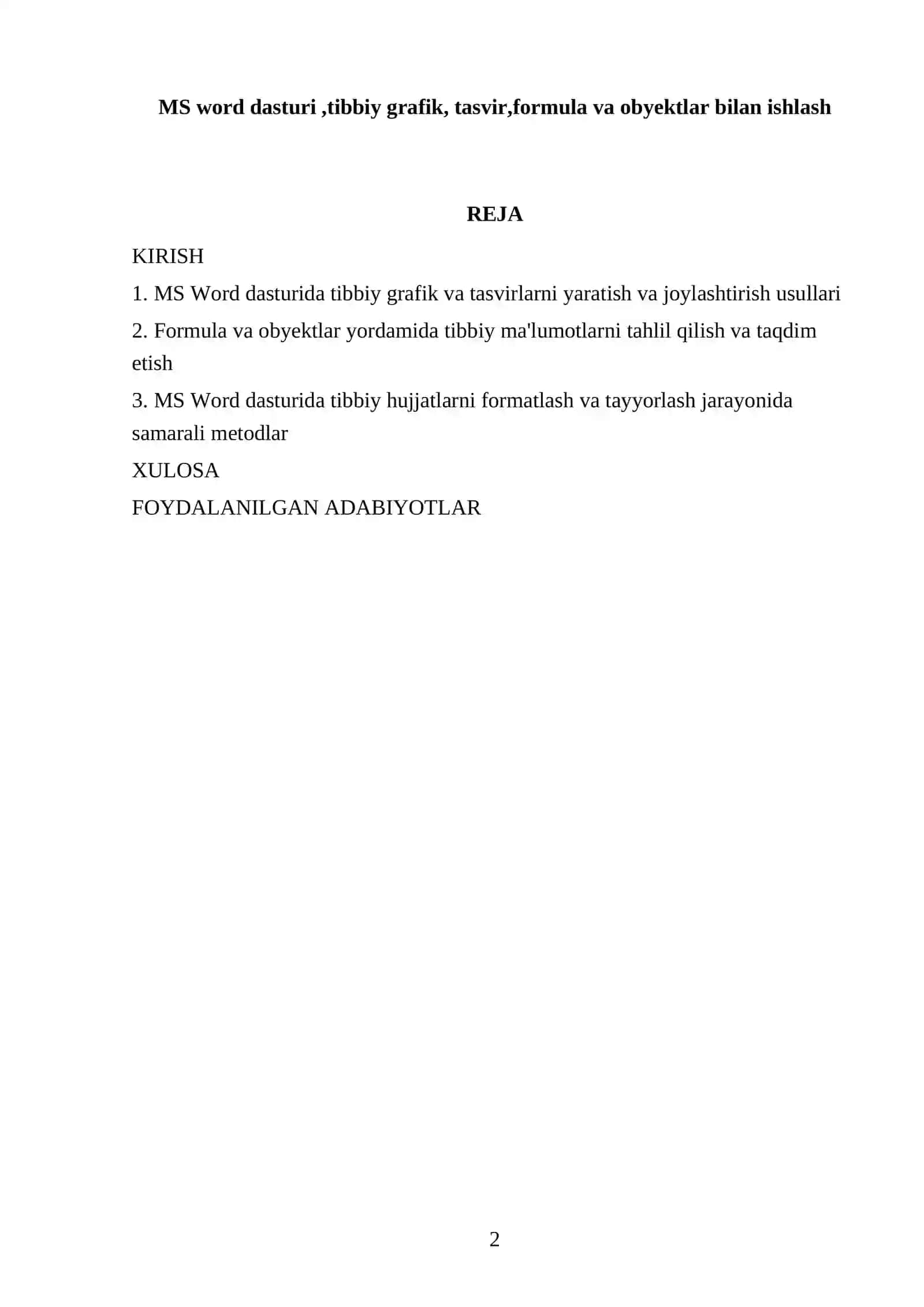 MS word dasturi,tibbiy grafik, tasvir,formula va obyektlar bilan ishlash 2