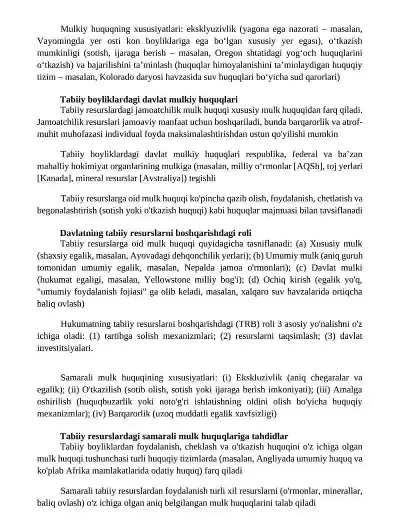 Tabiiy resurslarga nisbatan mulk huquqi tushinchasi va xususiyatlari 2