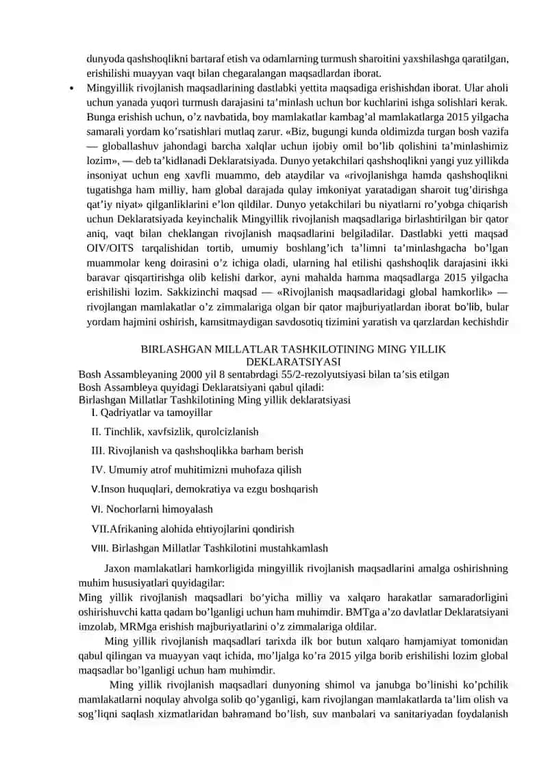 BMTning “Ming yillik Rivojlanish maqsadlari” dasturining O’zbekistonda hayotga tadbiq etilishi (2000-2015 yillar) 2