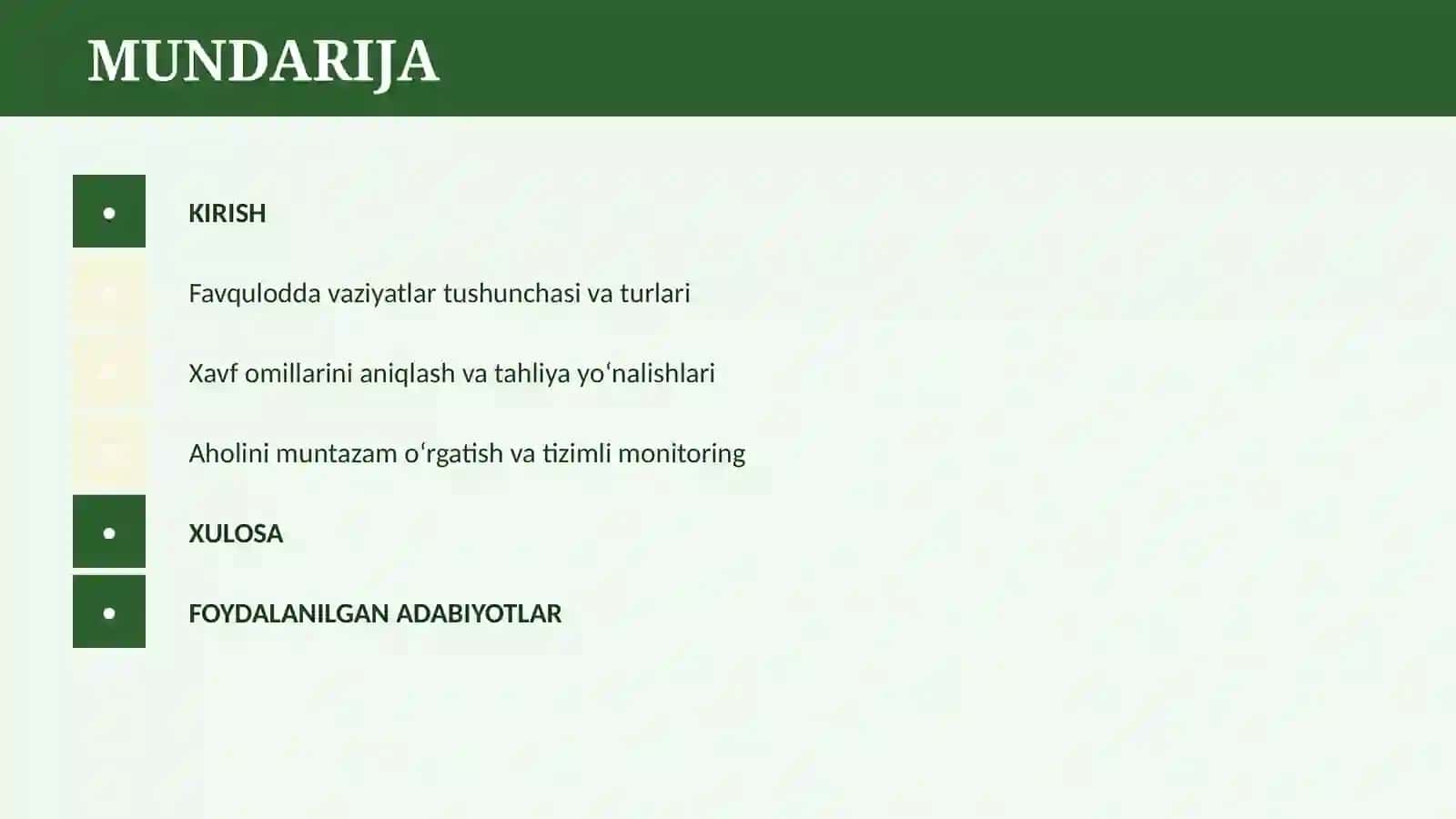 TABIIY, TEXNOGEN VA EKOLOGIK TUSDAGI FAVQULODDA VAZIYATLARDA AHOLI HARAKATI 2