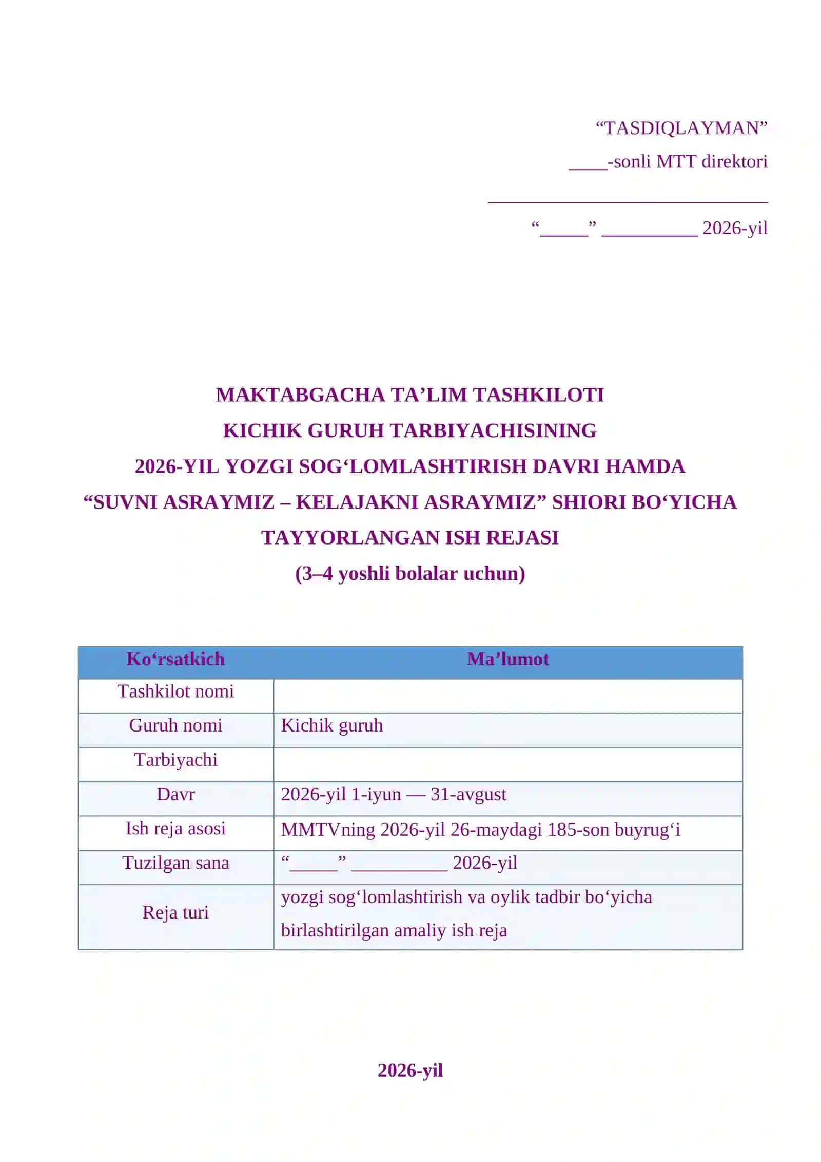 Tarbiyachi ish reja 2026 yil 2