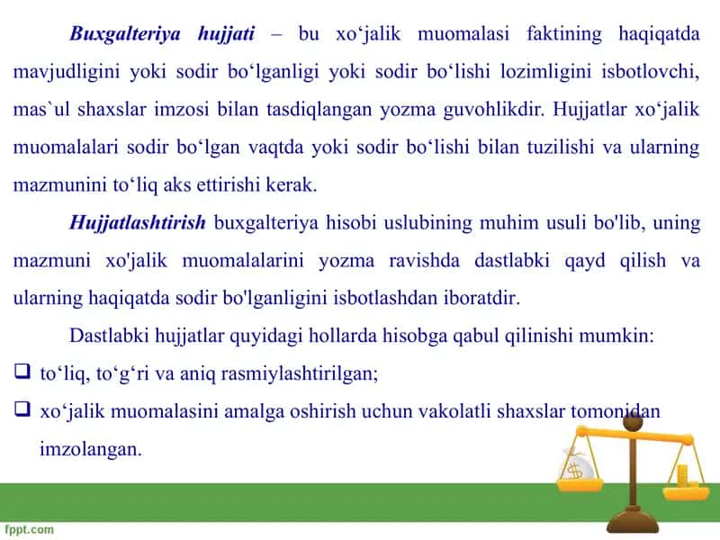 2-Mavzu. Hujjatlashtirish, inventarizatsiya, baholash va kalkulyatsiya 2