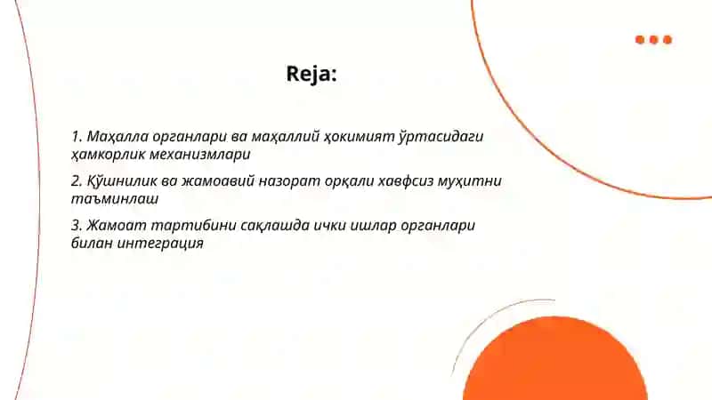Маҳаллаларда хавфсиз муҳитни яратиш ва ҳуқуқбузарликларнинг барвақт олдини олиш механизмлари тўғрисида 2