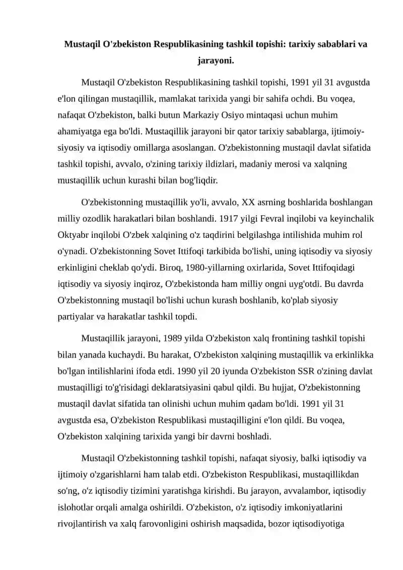 Mustaqil O'zbekiston Respublikasi tashkil topishining tarixiy ahamiyati. O'zbekistonning o'ziga xos istiqlol va taraqqiyot yo'li. 2