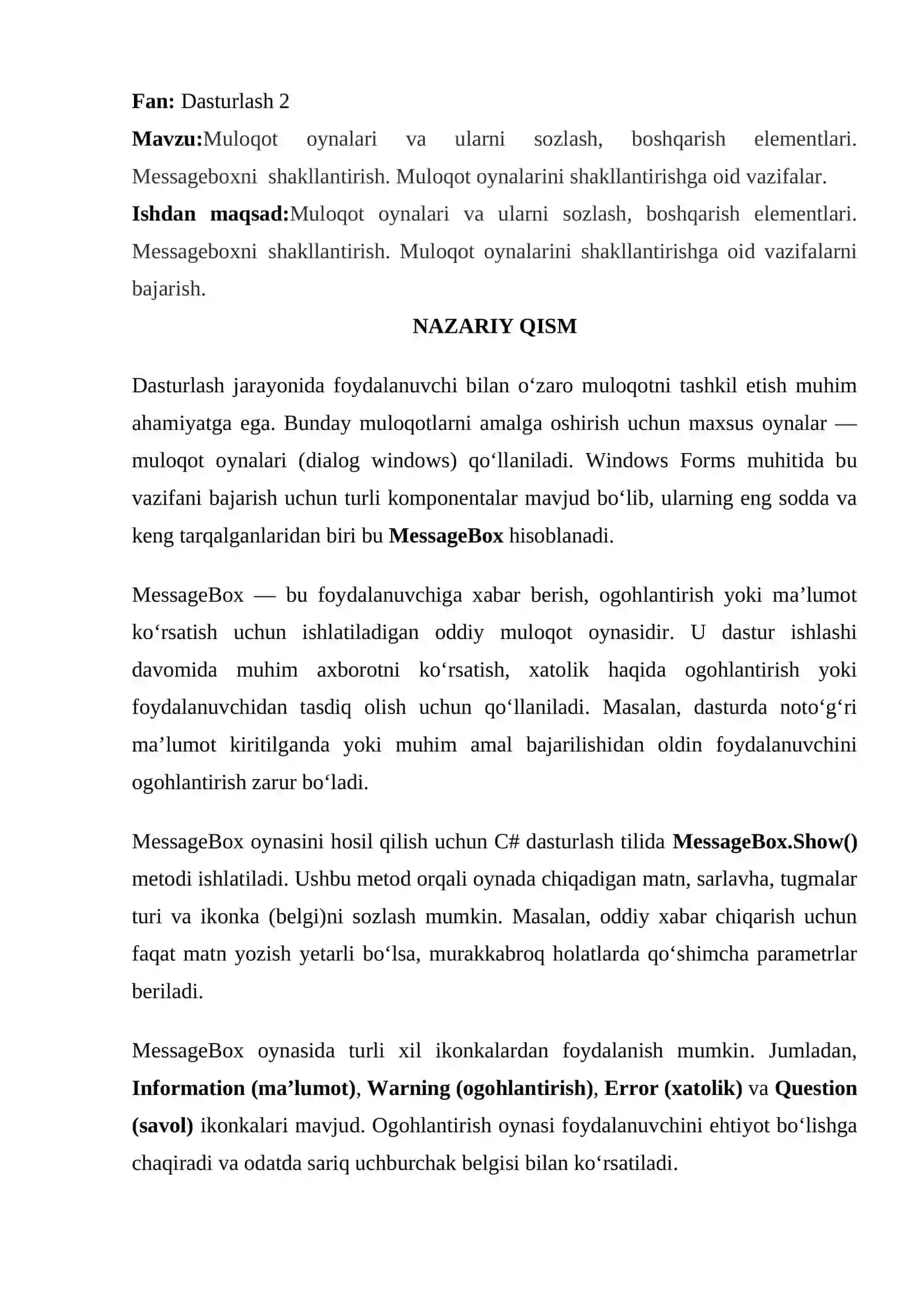 Muloqot oynalari va ularni sozlash, boshqarish elementlari 2