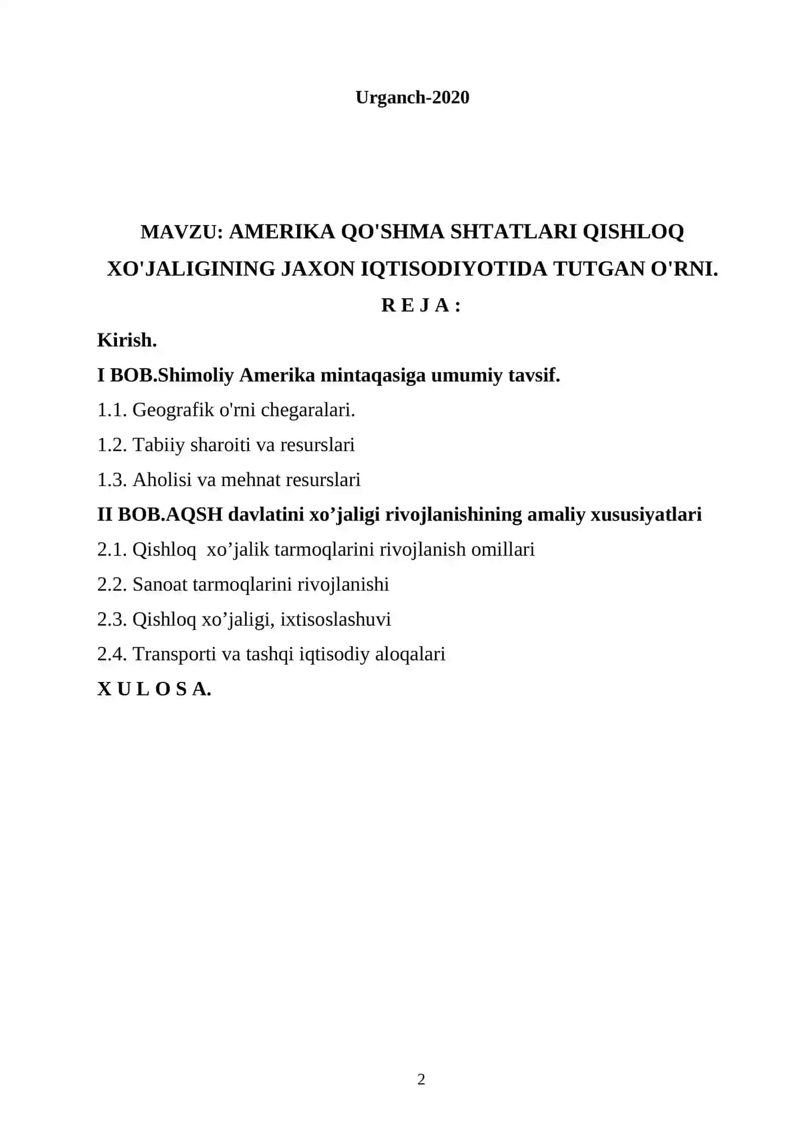 AMERIKA QO'SHMA SHTATLARI QISHLOQ XO'JALIGINING JAXON IQTISODIYOTIDA TUTGAN O'RNI 2