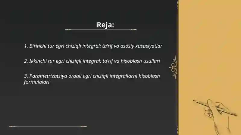 Birinchi va ikkinchi tur egri chiziqli integrallar orasidagi bog`lanish. Ostrogradskiy-Grin formulasining tadbiqlari 2