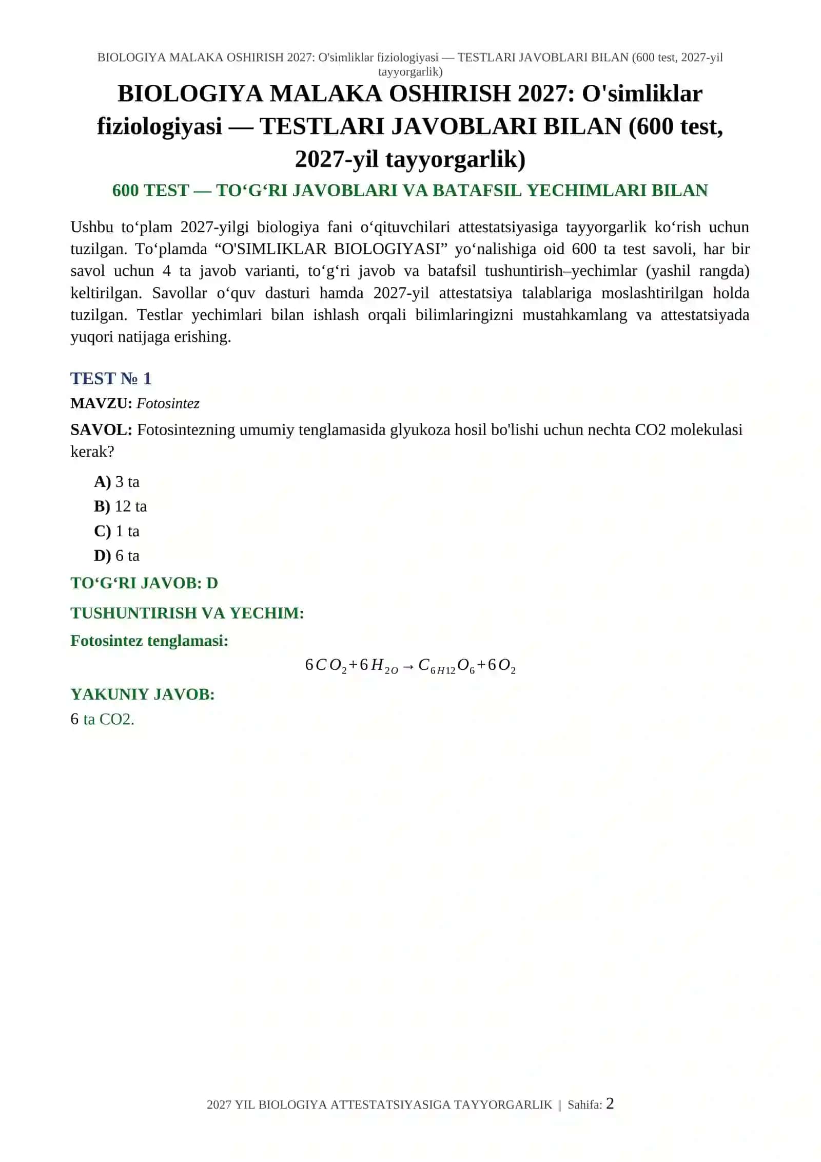 BIOLOGIYA MALAKA OSHIRISH 2027: O'simliklar fiziologiyasi — TESTLARI JAVOBLARI BILAN (600 test, 2027-yil tayyorgarlik) 2
