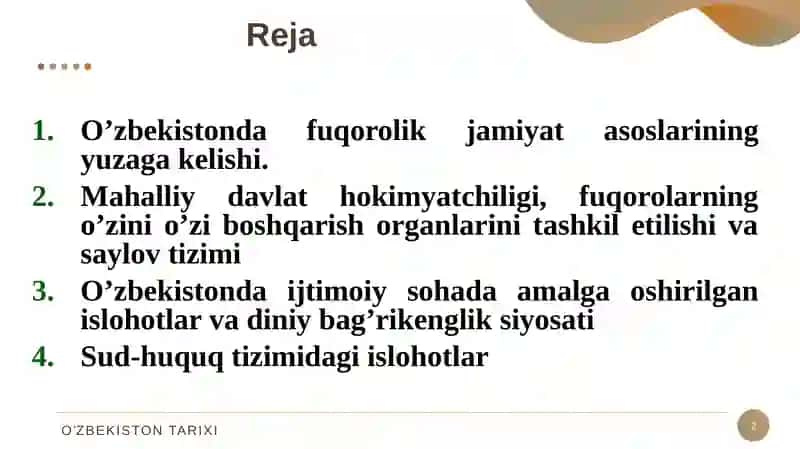 O‘zbekistonda demokratik, fuqorolik jamiyati asoslarining shakllanishi, amalga oshirilgan siyosiy islohotlar. 2