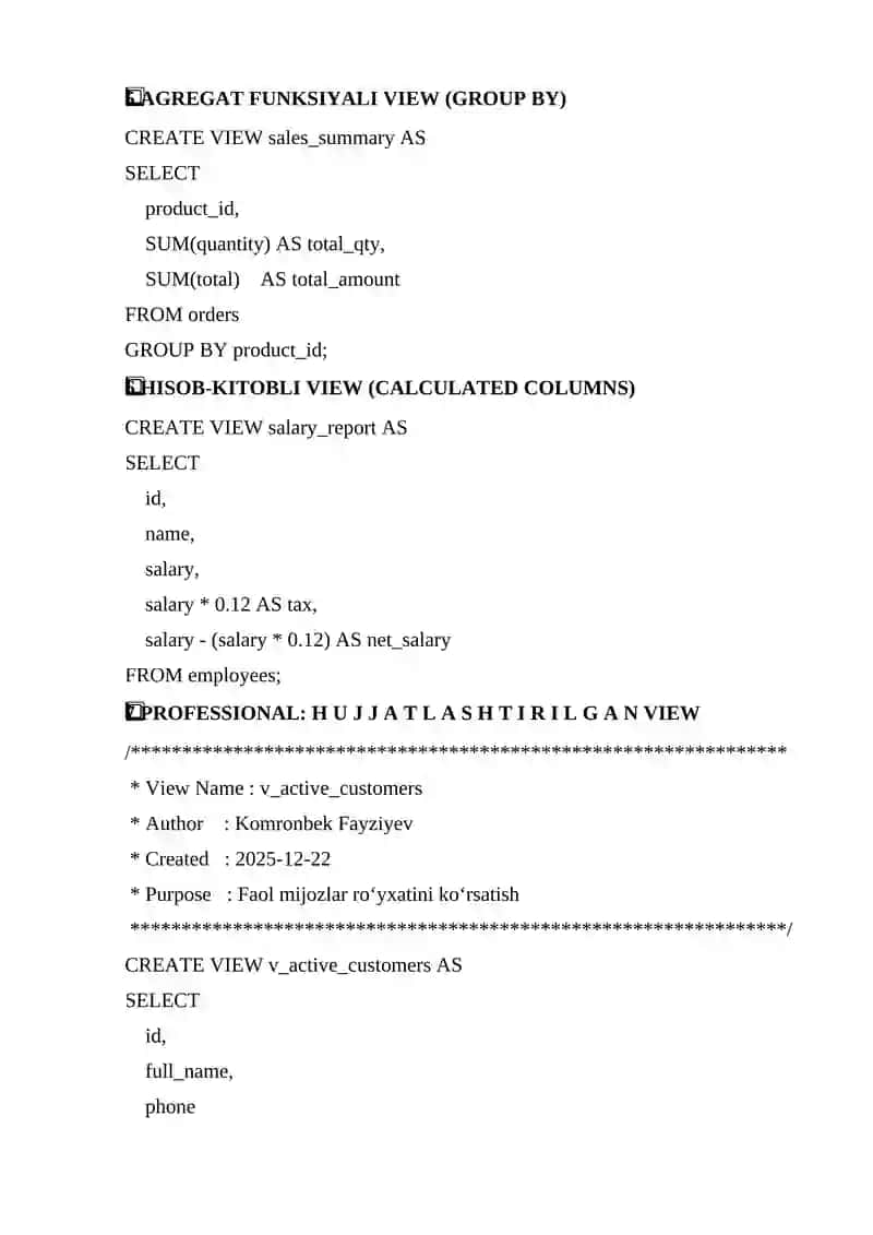 SQL DA VIEW YARATISH 2
