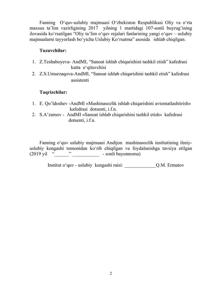 O‘zbekiston Respublikasi Oliy va O‘rta Maʼlumot Vazirligi Andijon Mashinasozlik Instituti "Sanoat Ishlab Chiqarishini Tashkil Etish" Kafedrasi Soha Iqtisodiyot va Menejmenti 2