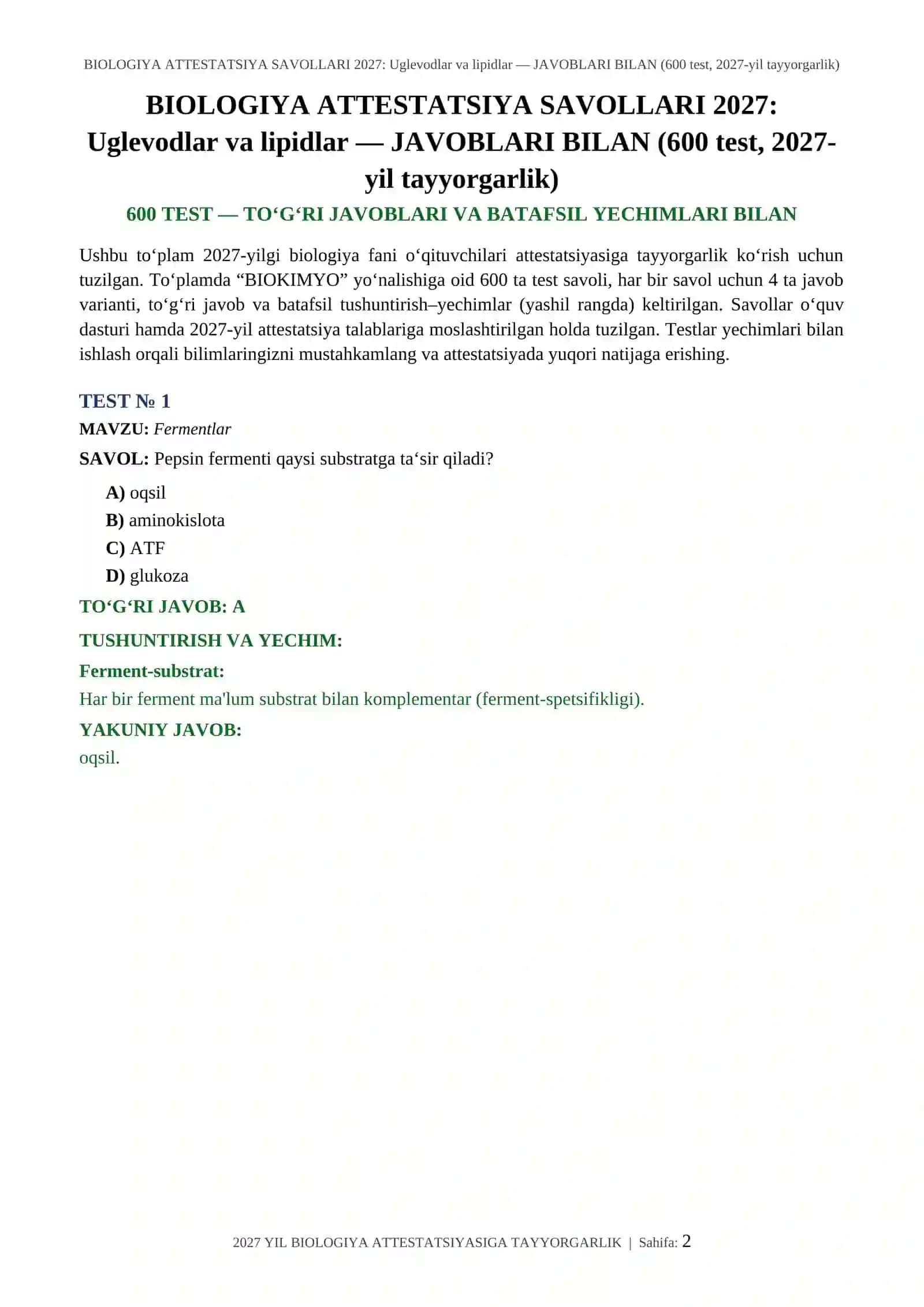 BIOLOGIYA ATTESTATSIYA SAVOLLARI 2027: Uglevodlar va lipidlar — JAVOBLARI BILAN (600 test, 2027-yil tayyorgarlik) 2