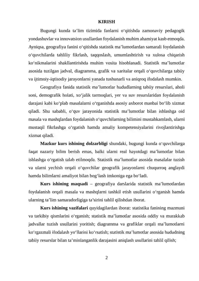 GEOGRAFIYA DARSLARIDA STATISTIK MA’LUMOTLARDAN FOYDALANISHDA MASALA VA MASHQLAR 2